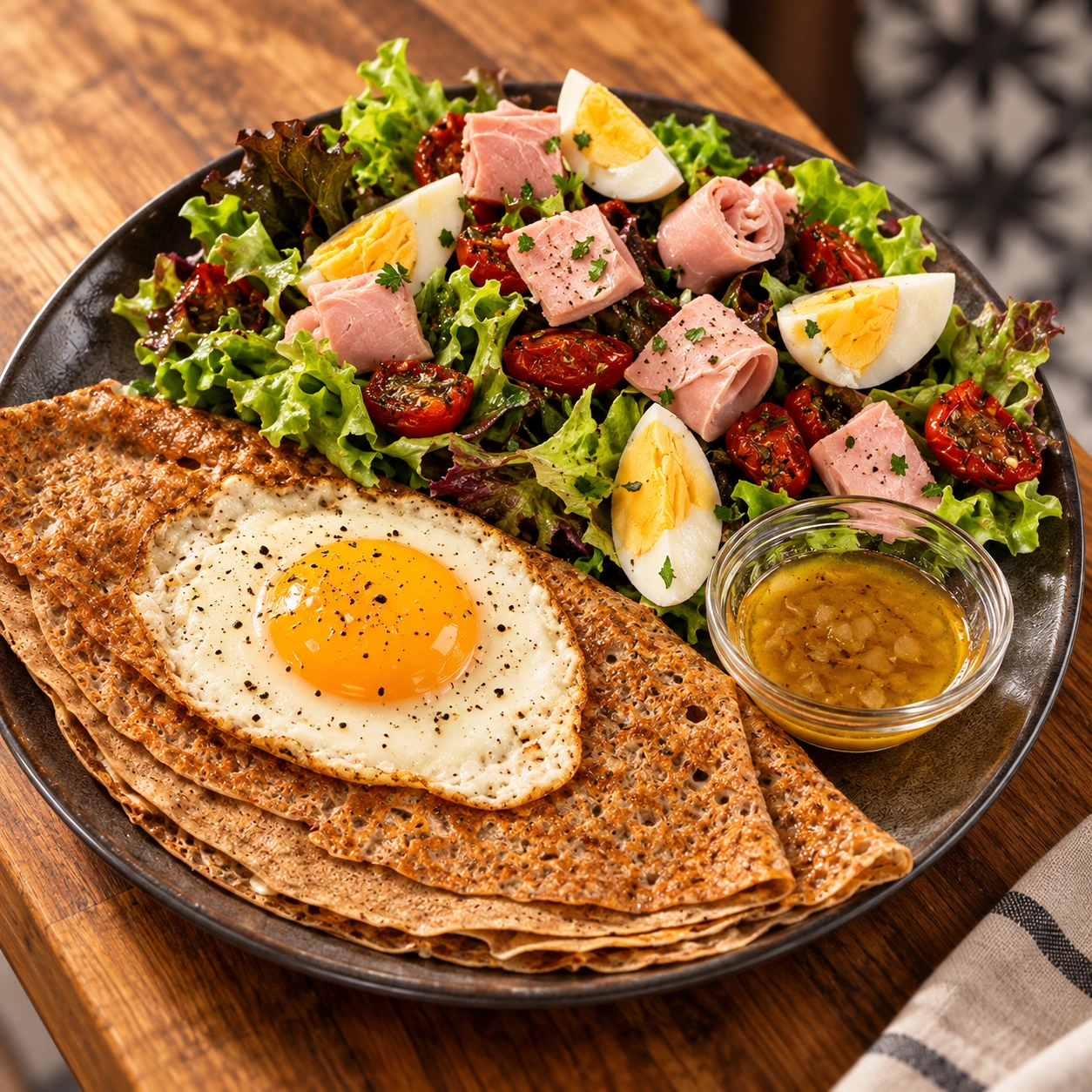 Galette généreuse avec œuf et salade