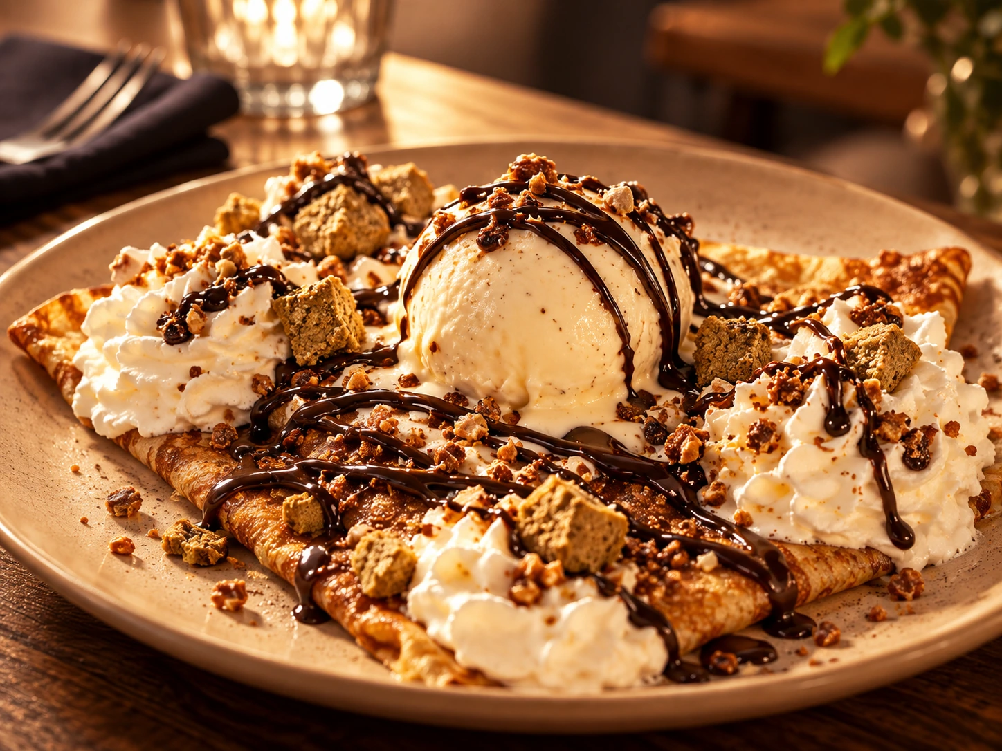 Crêpe dessert chocolat, glace et chantilly
